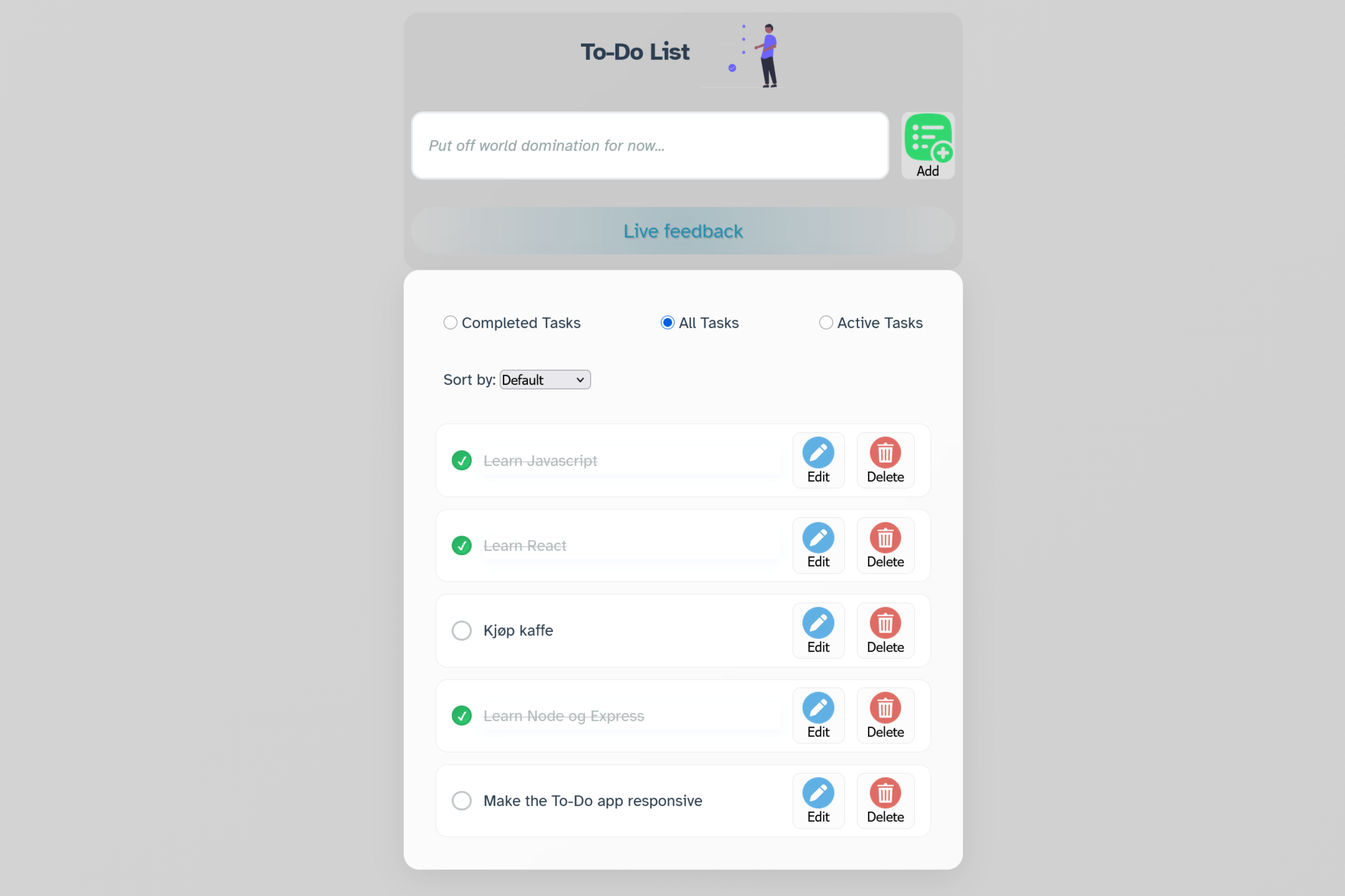 screenshot of the to-do list app showing a user added completed and uncompleted tasks